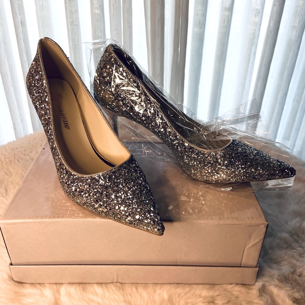 Silver Sparkle Pointed Toe Heels